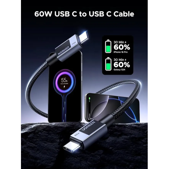 UGREEN USB-C to USB-C PD Fast Charging Braided Cable 3A – Space Gray