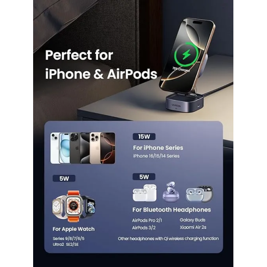 UGREEN 2-in-1 Magnetic Wireless Charger Stand W702 | iPhone 15W + AirPods 5W - W702 - 35316