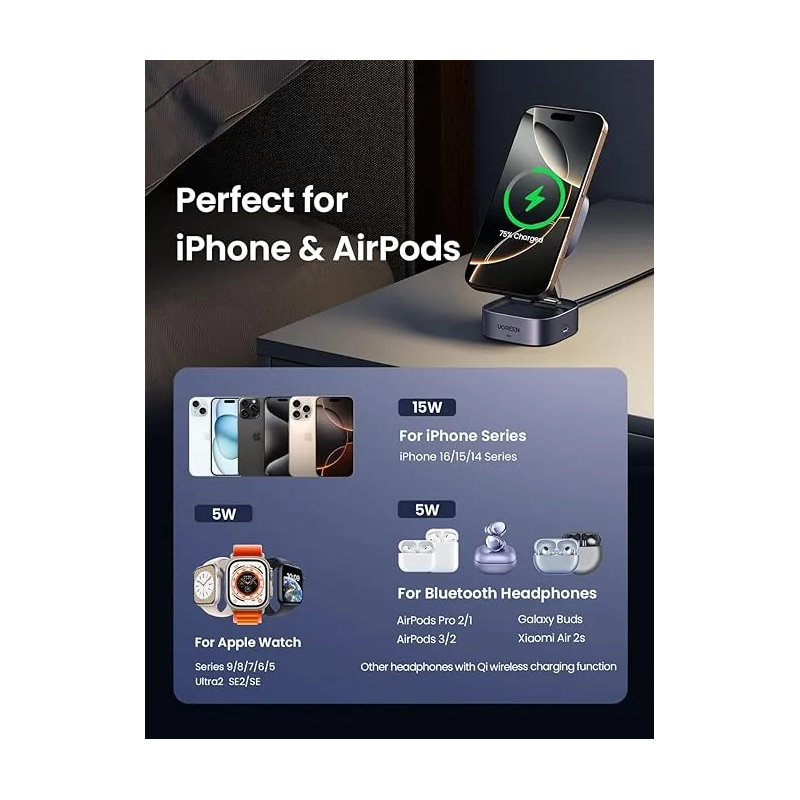 UGREEN 2-in-1 Magnetic Wireless Charger Stand W702 | iPhone 15W + AirPods 5W - W702 - 35316