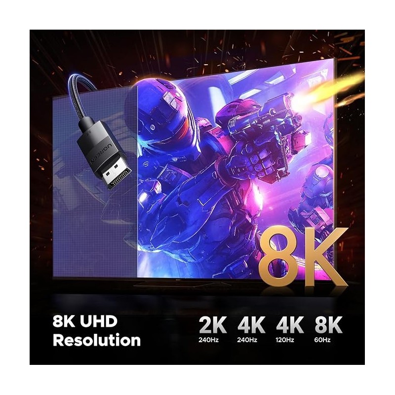 UGREEN DP Male to Male DP1.4 8K Round Cable ABS Shell Braid (Black) - DP114 - 80390