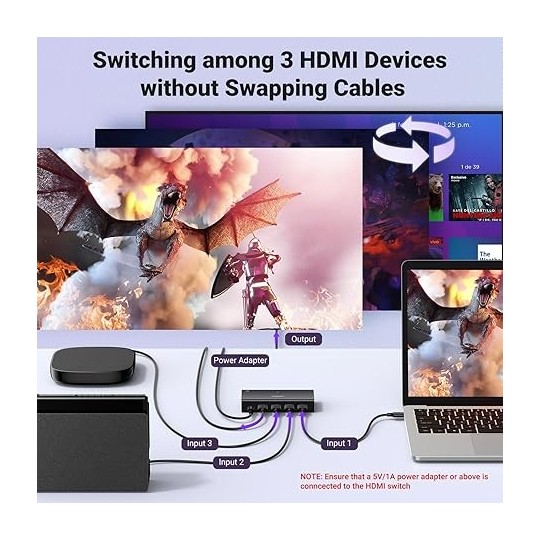 UGREEN HDMI Switch 4K@60Hz, 3 in 1 Out HDMI Splitter with Remote Support 3D HDR Dolby Atmos HDCP2.2 - CM598 - 15376