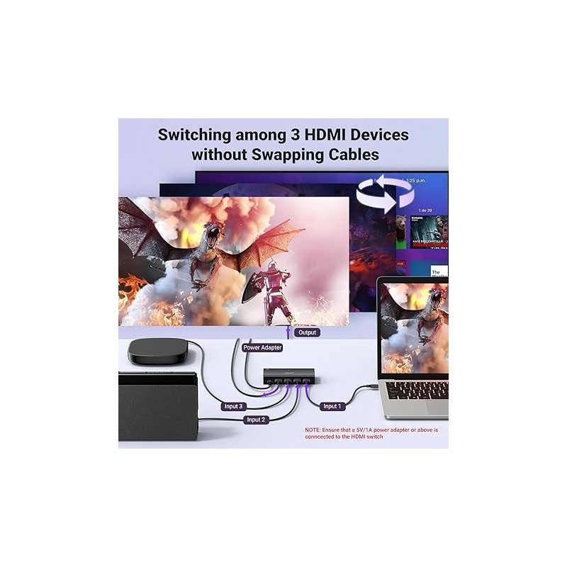 UGREEN HDMI Switch 4K@60Hz, 3 in 1 Out HDMI Splitter with Remote Support 3D HDR Dolby Atmos HDCP2.2 - CM598 - 15376