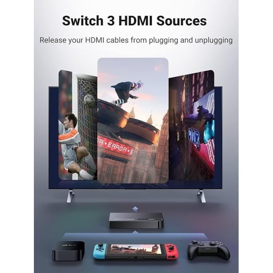 UGREEN HDMI Switch 3 in 1 Out 4K with Remote Supports HDR CEC 3D HDCP1.4 Bundle with HDMI Cable Right Angle 4K 90 Degree - 40234