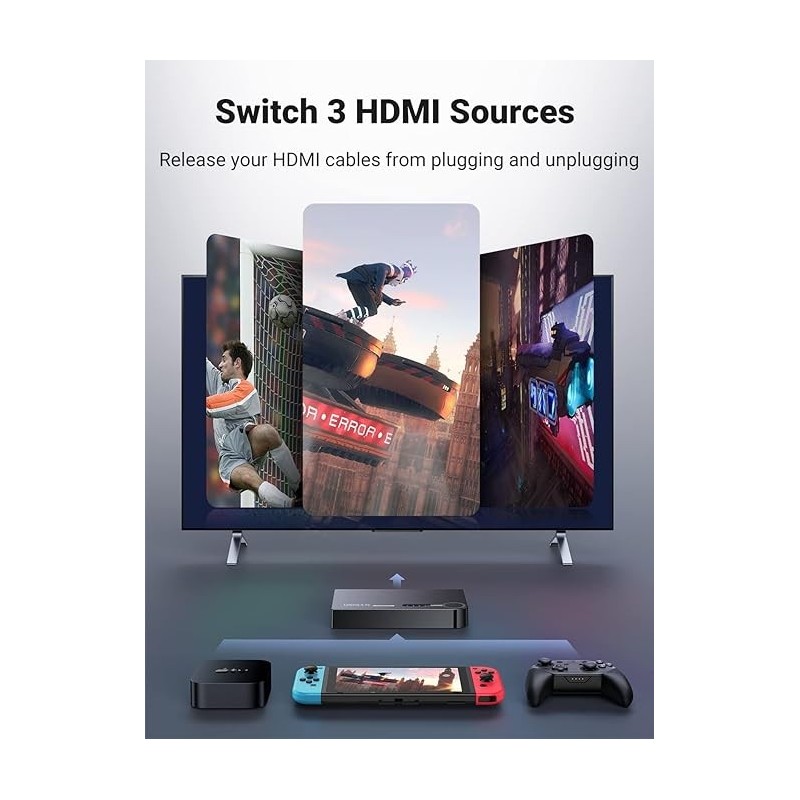 UGREEN HDMI Switch 3 in 1 Out 4K with Remote Supports HDR CEC 3D HDCP1.4 Bundle with HDMI Cable Right Angle 4K 90 Degree - 40234