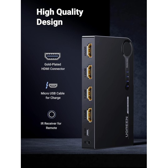 UGREEN HDMI Switch 3 in 1 Out 4K with Remote Supports HDR CEC 3D HDCP1.4 Bundle with HDMI Cable Right Angle 4K 90 Degree - 40234