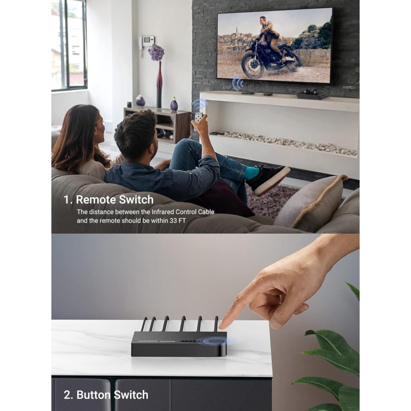 UGREEN HDMI Switch 3 in 1 Out 4K with Remote Supports HDR CEC 3D HDCP1.4 Bundle with HDMI Cable Right Angle 4K 90 Degree - 40234