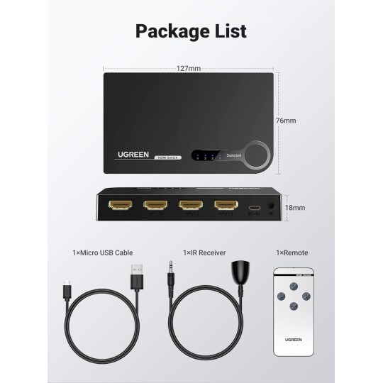 UGREEN HDMI Switch 3 in 1 Out 4K with Remote Supports HDR CEC 3D HDCP1.4 Bundle with HDMI Cable Right Angle 4K 90 Degree - 40234