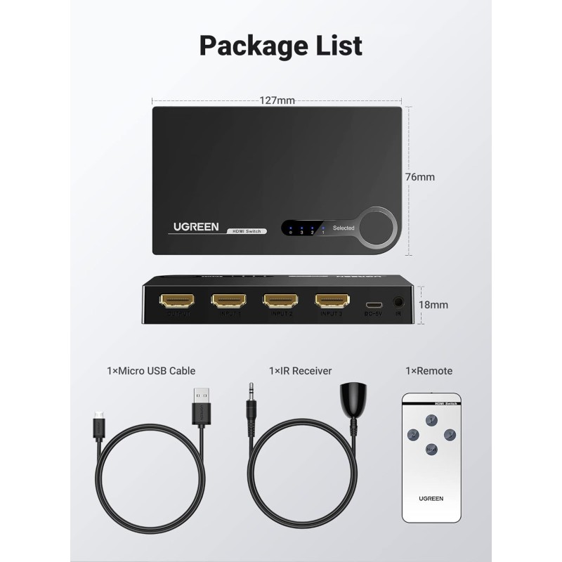 UGREEN HDMI Switch 3 in 1 Out 4K with Remote Supports HDR CEC 3D HDCP1.4 Bundle with HDMI Cable Right Angle 4K 90 Degree - 40234