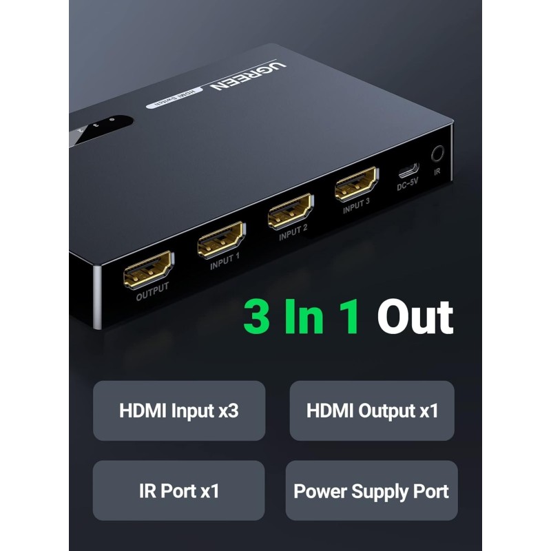 UGREEN HDMI Switch 3 in 1 Out 4K with Remote Supports HDR CEC 3D HDCP1.4 Bundle with HDMI Cable Right Angle 4K 90 Degree - 40234