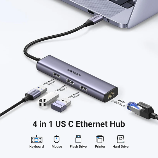 UGREEN USB-C to 3×USB-A 3.0 Hub Up to 5Gpbs + RJ45 (1000M) Ethernet Adapter - CM475 - 60600