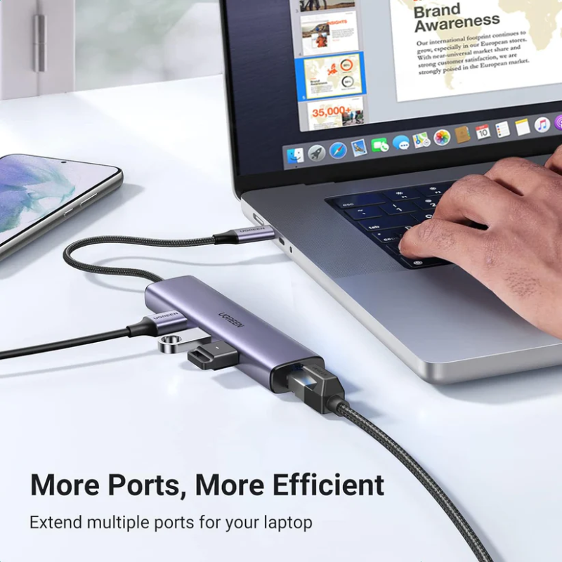 UGREEN USB-C to 3×USB-A 3.0 Hub Up to 5Gpbs + RJ45 (1000M) Ethernet Adapter - CM475 - 60600