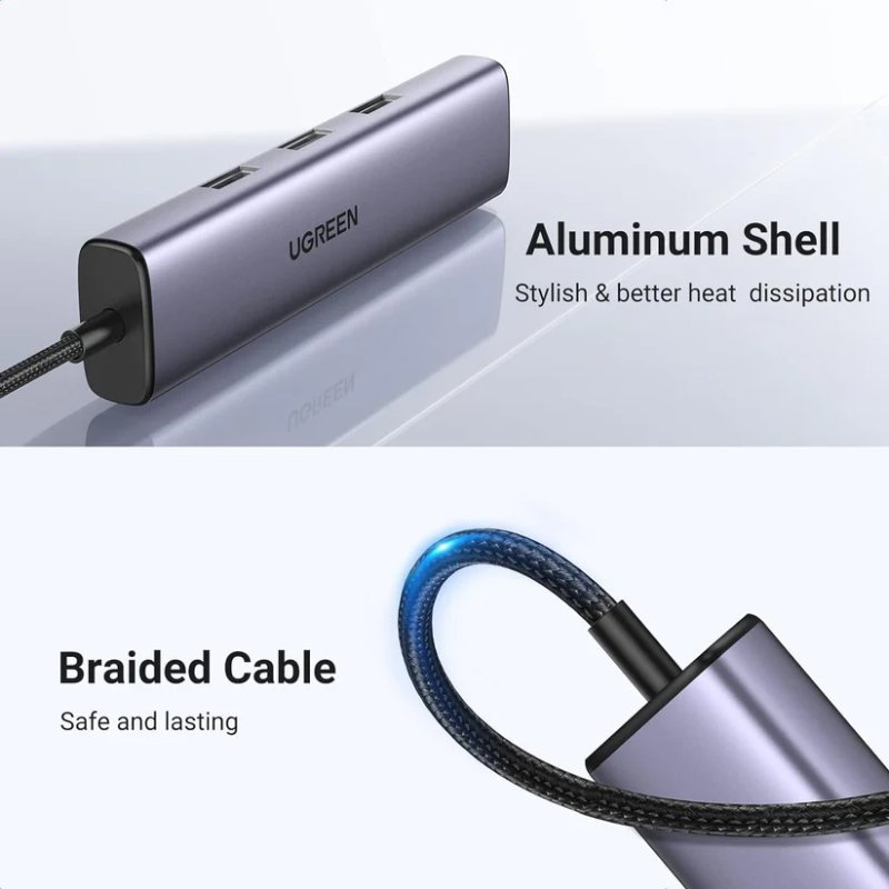 UGREEN USB-C to 3×USB-A 3.0 Hub Up to 5Gpbs + RJ45 (1000M) Ethernet Adapter - CM475 - 60600