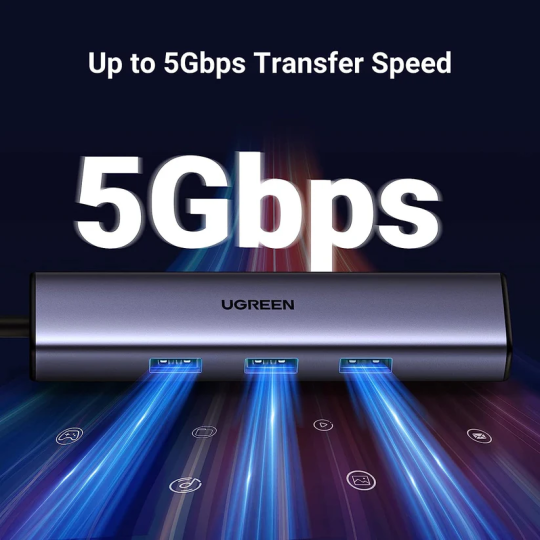 UGREEN USB-C to 3×USB-A 3.0 Hub Up to 5Gpbs + RJ45 (1000M) Ethernet Adapter - CM475 - 60600