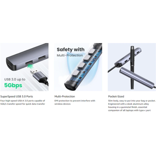 UGREEN USB-C to 4*USB 3.0 Up to 5Gpbs + HDMI Adapter With PD - CM417 - 20197