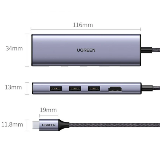 UGREEN USB-C to 3*USB 3.0 A + HDMI 4K@60Hz max + SD/TF Multifunction Adapter - CM511 - 60383