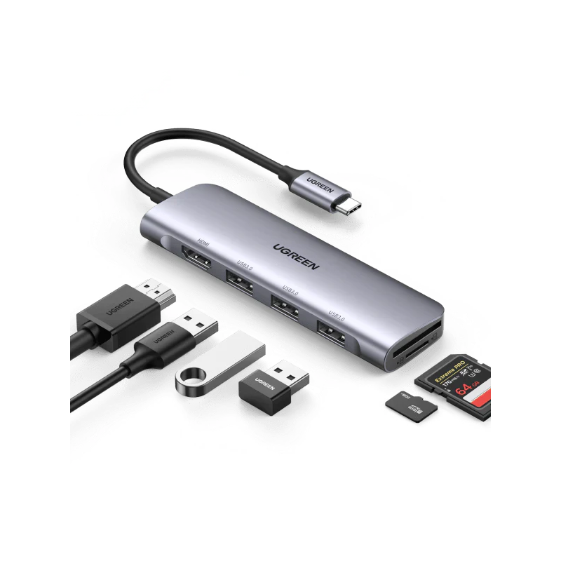 UGREEN USB-C to 3 Ports USB3.0-A Hub + HDMI + TF/SD With PD - CM195 - 70410