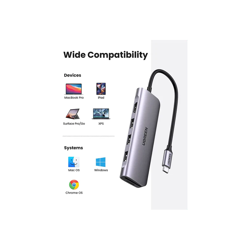 UGREEN USB-C to 3 Ports USB3.0-A Hub + HDMI + TF/SD With PD - CM195 - 70410