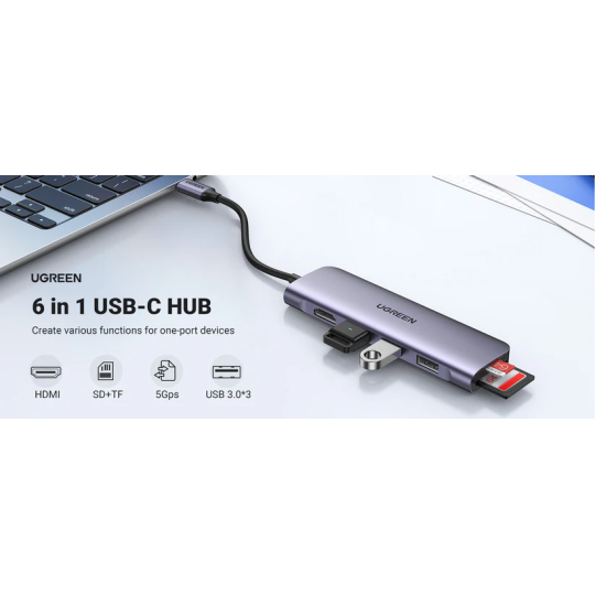 UGREEN USB-C to 3 Ports USB3.0-A Hub + HDMI + TF/SD With PD - CM195 - 70410