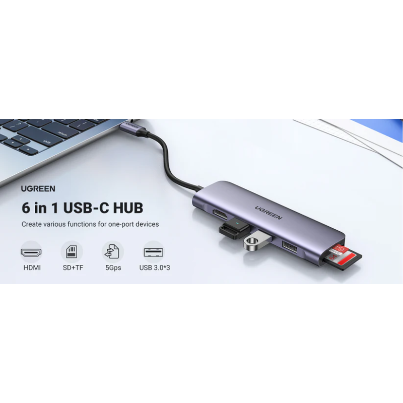 UGREEN USB-C to 3 Ports USB3.0-A Hub + HDMI + TF/SD With PD - CM195 - 70410