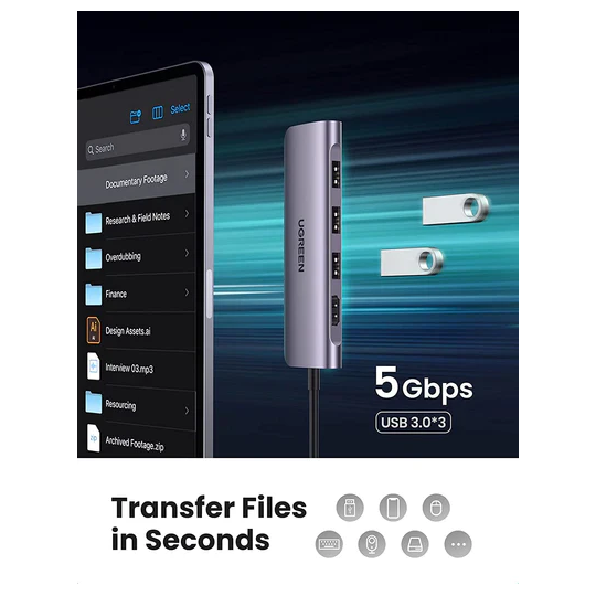 UGREEN USB-C to 3 Ports USB3.0-A Hub + HDMI + TF/SD With PD - CM195 - 70410