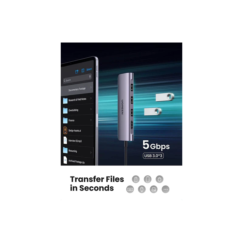 UGREEN USB-C to 3 Ports USB3.0-A Hub + HDMI + TF/SD With PD - CM195 - 70410
