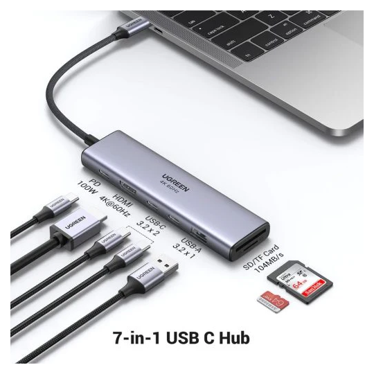 UGREEN 7-in-1 USB-C To HDMI 4K@60Hz + 2xUSB-C 3.2+1xUSB-A 3.2+SD/TF+PD Converter - CM511 - 45521
