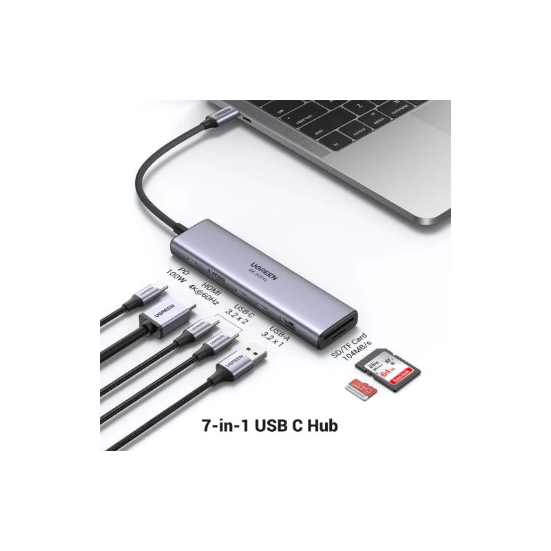 UGREEN 7-in-1 USB-C To HDMI 4K@60Hz + 2xUSB-C 3.2+1xUSB-A 3.2+SD/TF+PD Converter - CM511 - 45521