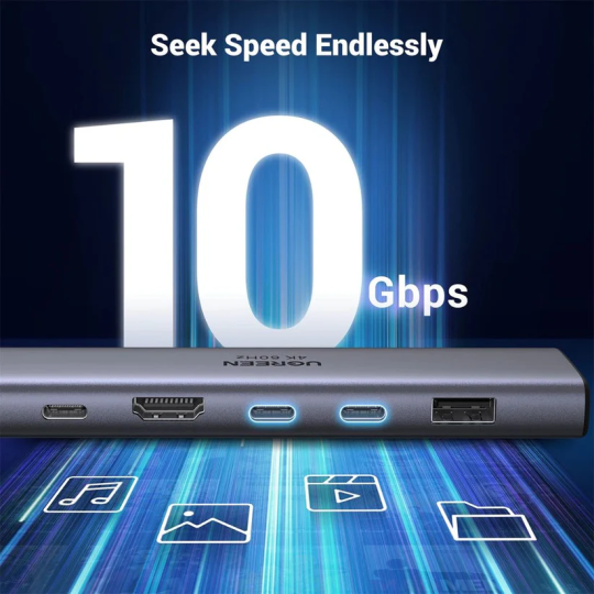 UGREEN 7-in-1 USB-C To HDMI 4K@60Hz + 2xUSB-C 3.2+1xUSB-A 3.2+SD/TF+PD Converter - CM511 - 45521