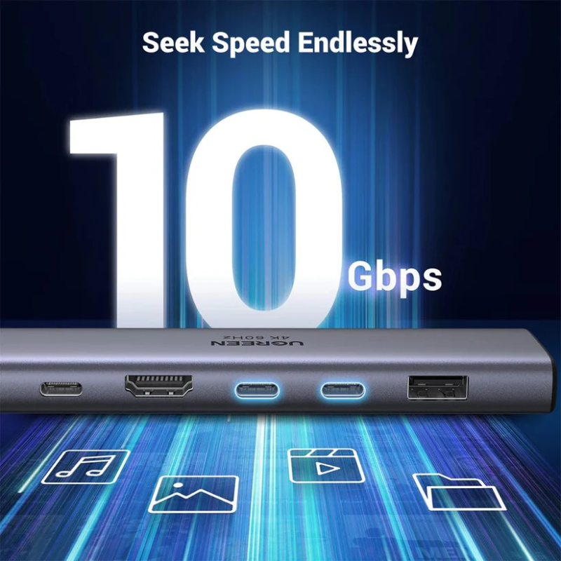 UGREEN 7-in-1 USB-C To HDMI 4K@60Hz + 2xUSB-C 3.2+1xUSB-A 3.2+SD/TF+PD Converter - CM511 - 45521