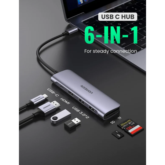 UGREEN USB-C to 2 Ports USB3.0-A Hub + HDMI + TF/SD with PD Power Supply - CM195 - 70411