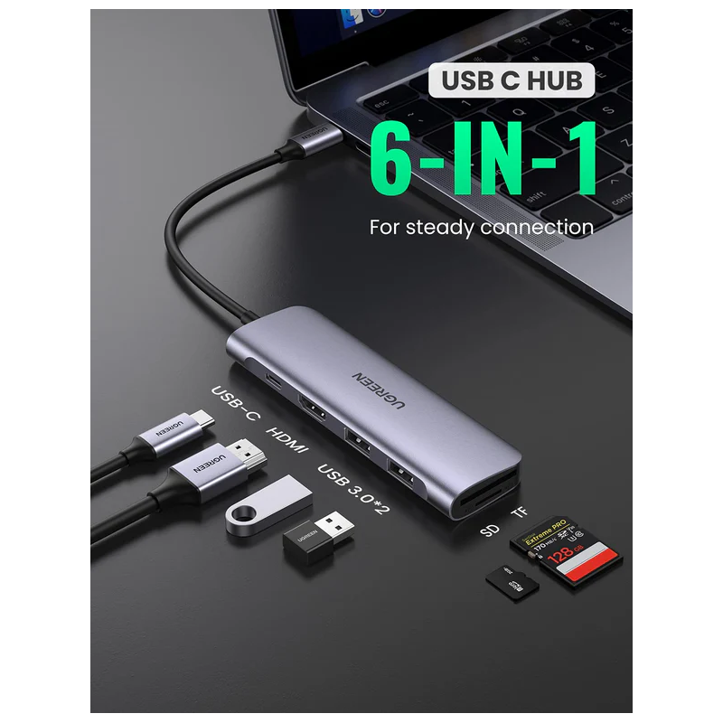 UGREEN USB-C to 2 Ports USB3.0-A Hub + HDMI + TF/SD with PD Power Supply - CM195 - 70411