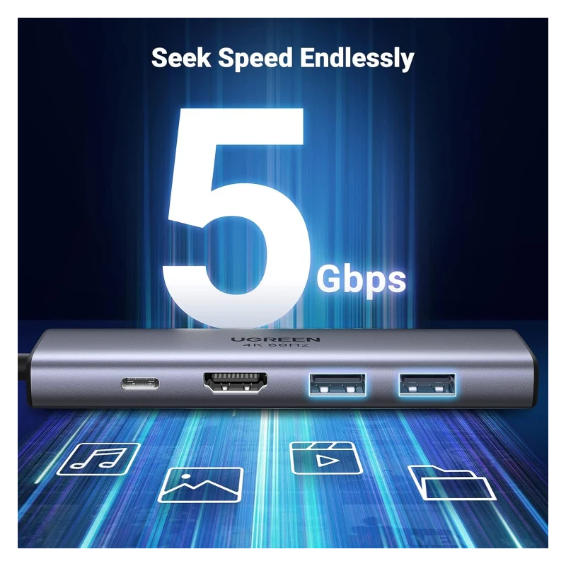 UGREEN USB-C to 2 Ports USB3.0-A Hub + HDMI + TF/SD with PD Power Supply - CM195 - 70411