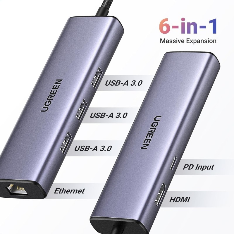 UGREEN 6-in-1 USB-C To HDMI+2*USB-A 3.2 +1*USB 3.2 C+RJ45+PD Power Converter - CM512 - 45000