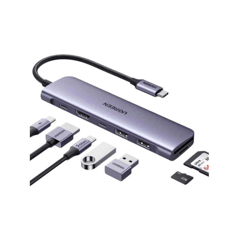 UGREEN USB-C to 2*USB 3.0 A+USB-C+HDMI 4K@30Hz max + SD/TF + PD Multifunction Adapter - CM195 - 15214