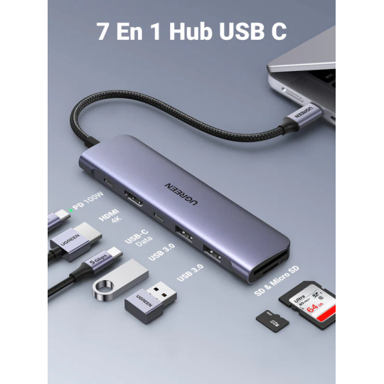 UGREEN USB-C to 2*USB 3.0 A+USB-C+HDMI 4K@30Hz max + SD/TF + PD Multifunction Adapter - CM195 - 15214
