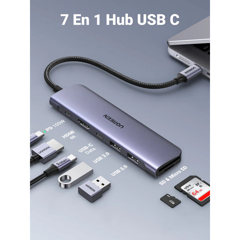 UGREEN USB-C to 2*USB 3.0 A+USB-C+HDMI 4K@30Hz max + SD/TF + PD Multifunction Adapter - CM195 - 15214