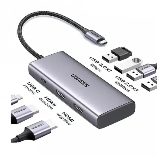 UGREEN 7-in-1 USB-C to USB-A 3.0+3*USB-A 2.0+2*HDMI+PD port Converter - CM498 - 35897