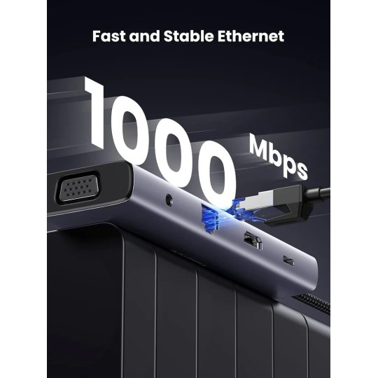UGREEN USB-C 3*USB 3.0 A+HDMI 4K@30Hz, 2K@60HZ, 1080P@120Hz + VGA + RJ45 + SD/TF + 3.5mm Audio + PD Adapter - CM498 - 15601