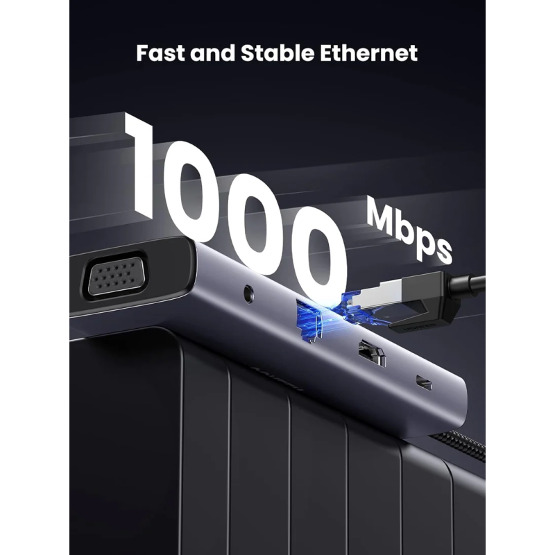 UGREEN USB-C 3*USB 3.0 A+HDMI 4K@30Hz, 2K@60HZ, 1080P@120Hz + VGA + RJ45 + SD/TF + 3.5mm Audio + PD Adapter - CM498 - 15601