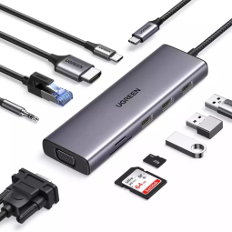 UGREEN USB-C 3*USB 3.0 A+HDMI 4K@30Hz, 2K@60HZ, 1080P@120Hz + VGA + RJ45 + SD/TF + 3.5mm Audio + PD Adapter - CM498 - 15601