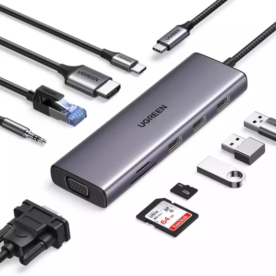 UGREEN USB-C 3*USB 3.0 A+HDMI 4K@30Hz, 2K@60HZ, 1080P@120Hz + VGA + RJ45 + SD/TF + 3.5mm Audio + PD Adapter - CM498 - 15601