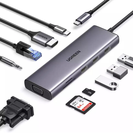 UGREEN USB-C 3*USB 3.0 A+HDMI 4K@30Hz, 2K@60HZ, 1080P@120Hz + VGA + RJ45 + SD/TF + 3.5mm Audio + PD Adapter - CM498 - 15601