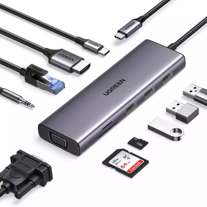 UGREEN USB-C 3*USB 3.0 A+HDMI 4K@30Hz, 2K@60HZ, 1080P@120Hz + VGA + RJ45 + SD/TF + 3.5mm Audio + PD Adapter - CM498 - 15601