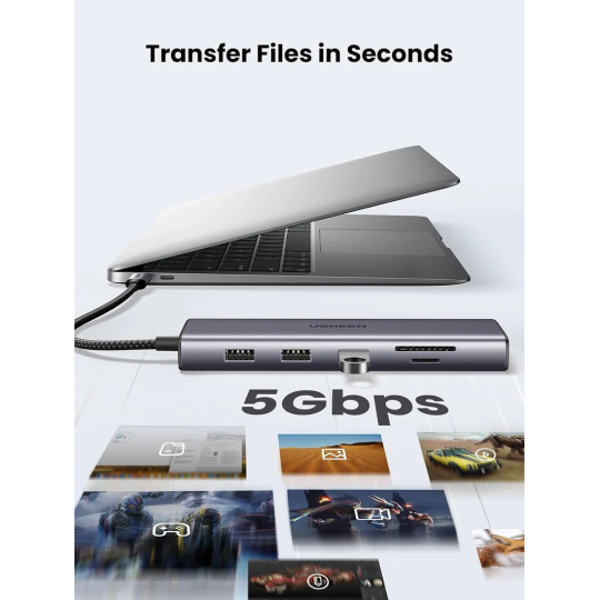 UGREEN USB-C 3*USB 3.0 A+HDMI 4K@30Hz, 2K@60HZ, 1080P@120Hz + VGA + RJ45 + SD/TF + 3.5mm Audio + PD Adapter - CM498 - 15601