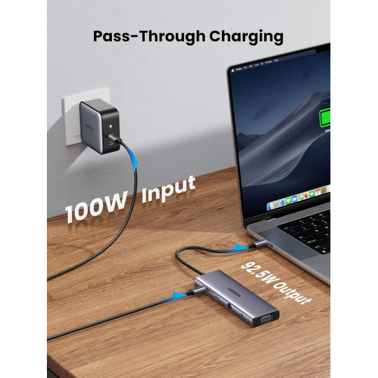 UGREEN USB-C 3*USB 3.0 A+HDMI 4K@30Hz, 2K@60HZ, 1080P@120Hz + VGA + RJ45 + SD/TF + 3.5mm Audio + PD Adapter - CM498 - 15601