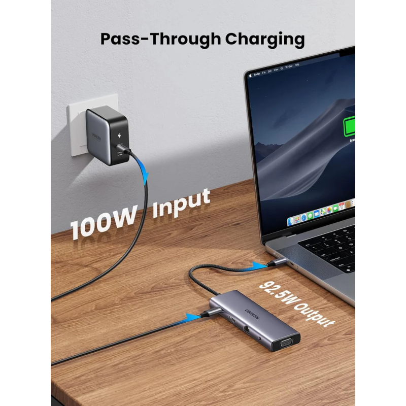 UGREEN USB-C 3*USB 3.0 A+HDMI 4K@30Hz, 2K@60HZ, 1080P@120Hz + VGA + RJ45 + SD/TF + 3.5mm Audio + PD Adapter - CM498 - 15601