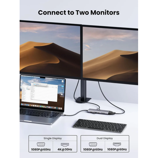 UGREEN USB-C 3*USB 3.0 A+HDMI 4K@30Hz, 2K@60HZ, 1080P@120Hz + VGA + RJ45 + SD/TF + 3.5mm Audio + PD Adapter - CM498 - 15601
