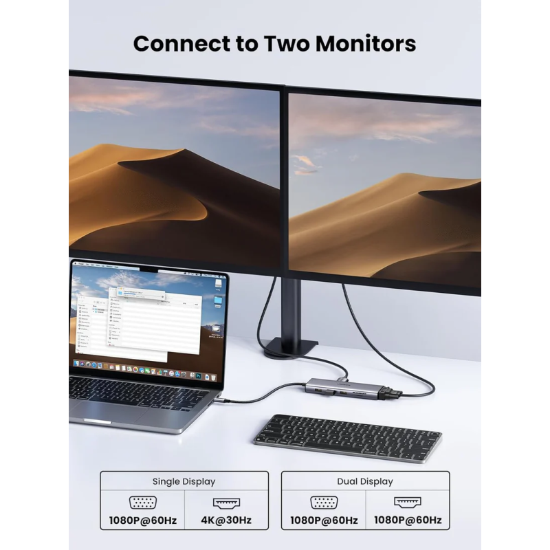 UGREEN USB-C 3*USB 3.0 A+HDMI 4K@30Hz, 2K@60HZ, 1080P@120Hz + VGA + RJ45 + SD/TF + 3.5mm Audio + PD Adapter - CM498 - 15601