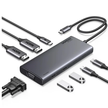 UGREEN 8-in-1 USB-C to 2*USB3.2+2*USB-C3.2+2*HDMI+1*VGA+PD port Converter - CM639 - 35588