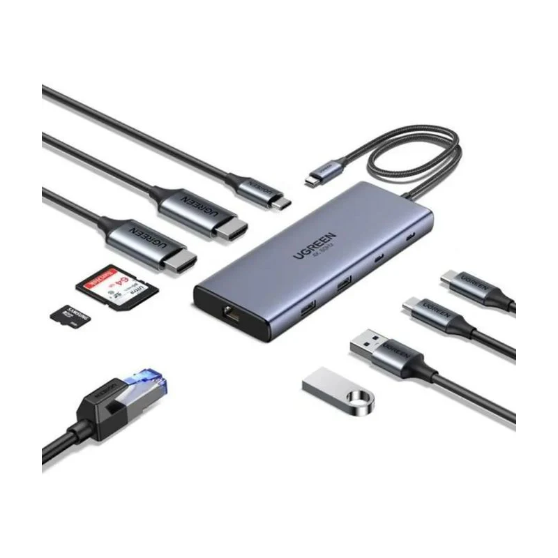 UGREEN 10-in-1 USB-C to USB-A 3.2+USB-A 3.0+2*USB-C 3.2+2*HDMI+RJ45 Gigabit+SD&TF +PD port Converter - CM639 - 45380